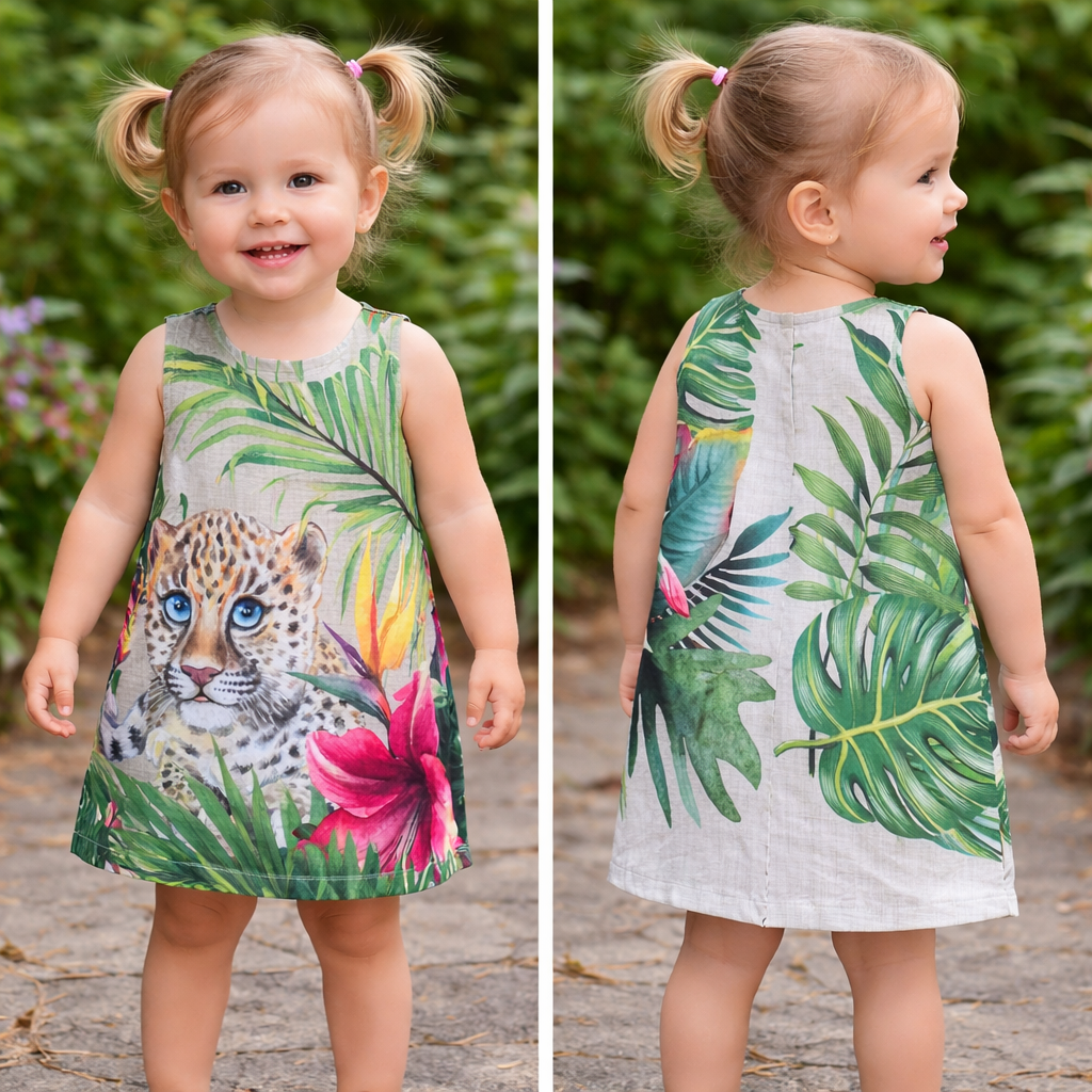 Kind poseert in een groene tropische jurk met luipaard- en roze bloemenprint, zowel van voren als van achteren buiten gefotografeerd.