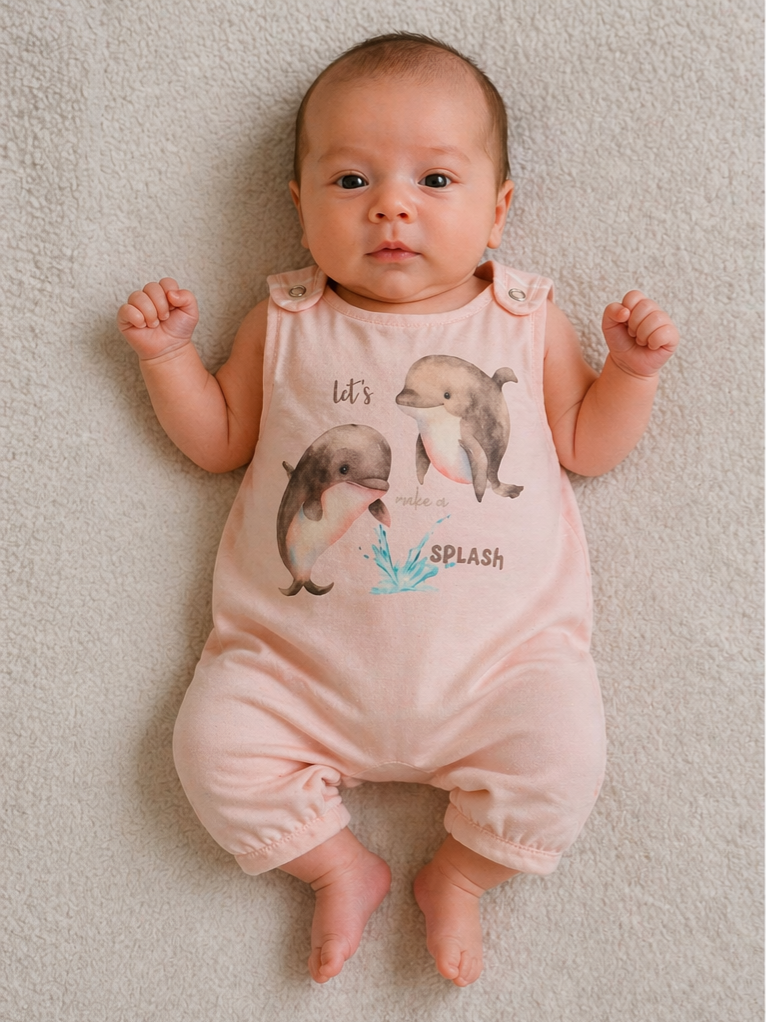 Baby ligt op een beige deken in een roze romper met dierenprint, armen omhoog en voeten ontspannen.