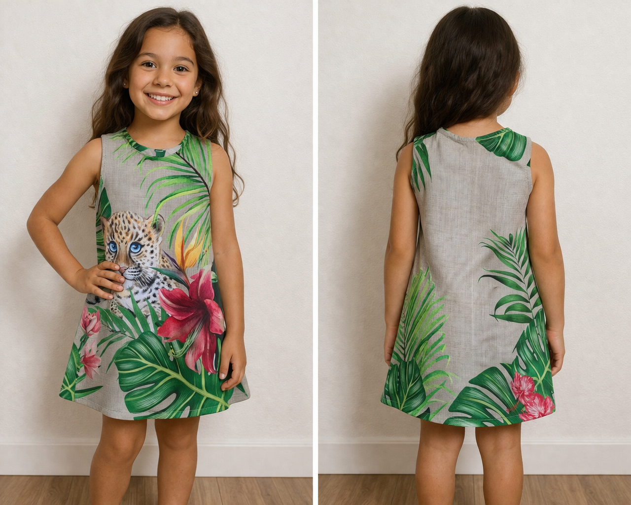 Kind poseert in een groene tropische jurk met luipaard- en roze bloemenprint, zowel van voren als van achteren buiten gefotografeerd.