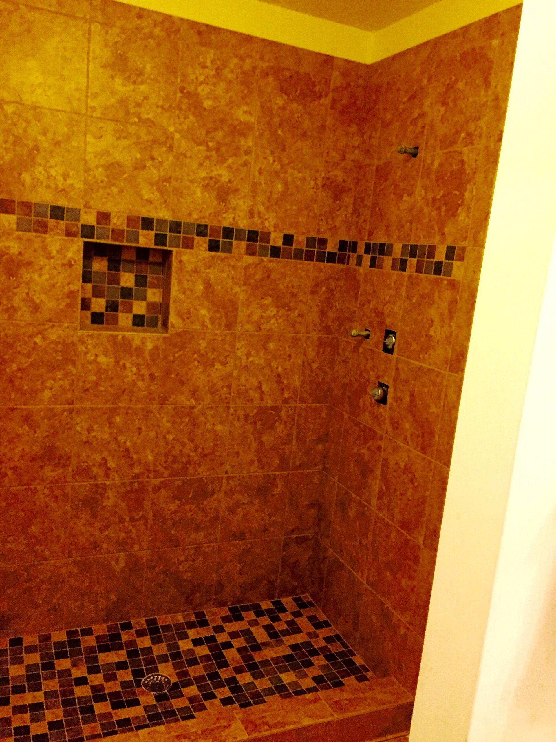 Tiled shower stall with a mosaic border and floor. Brown, tan, and dark tile.