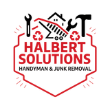 Logo for Halbert Solutions, handyman and junk removal services; red and black with tools and house icons.