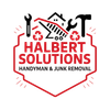 Logo for Halbert Solutions, handyman and junk removal services; red and black with tools and house icons.