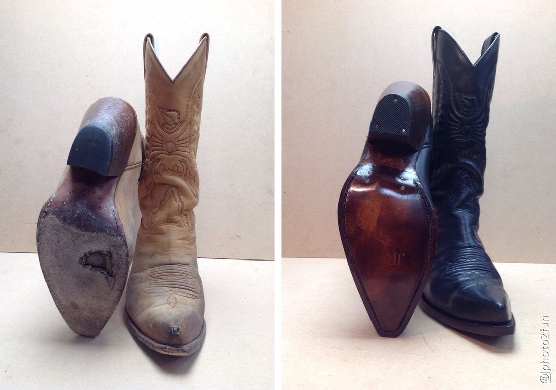 Twee paar cowboylaarzen: versleten bruin en zwart leer.