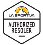 Logo van geautoriseerde La Sportiva-dealer: zwart-witte zeshoek met een afbeelding van een berg en een zon.