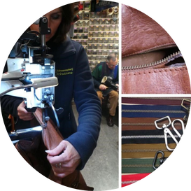 Vrouw naait een leren tas op een machine, met close-ups van details van de tas en ritsen/hardware.