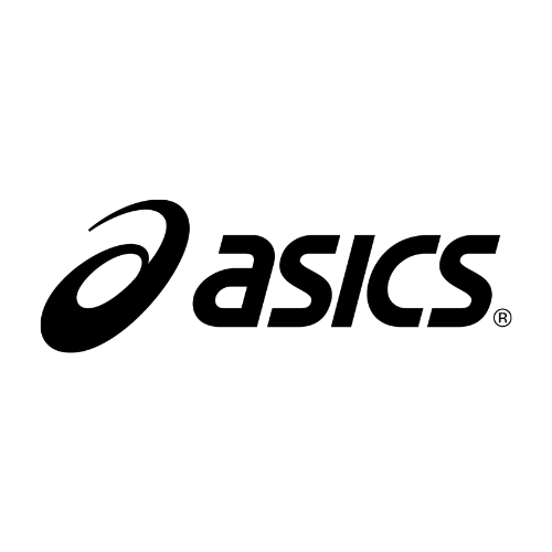 Asics-logo: zwart, cursief "swoosh"-symbool met de merknaam "asics" in een schreefloos lettertype.