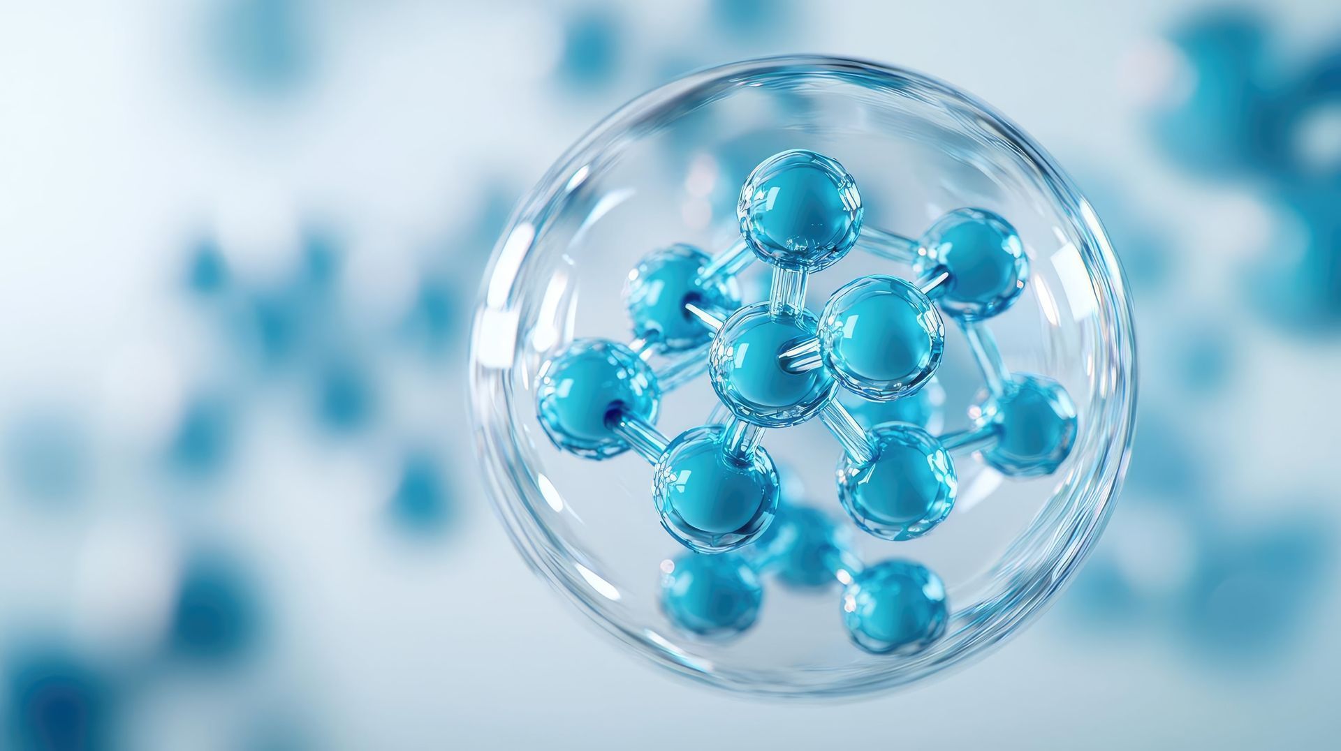 Blue exosome particles in biotechnology and medical concept. Abstract depiction of a molecular structure in clear focus.