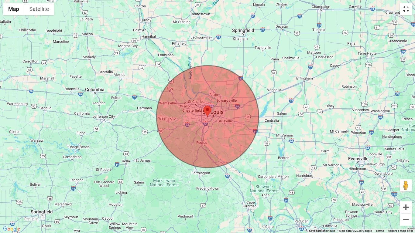 A map with a red circle in the middle of it.