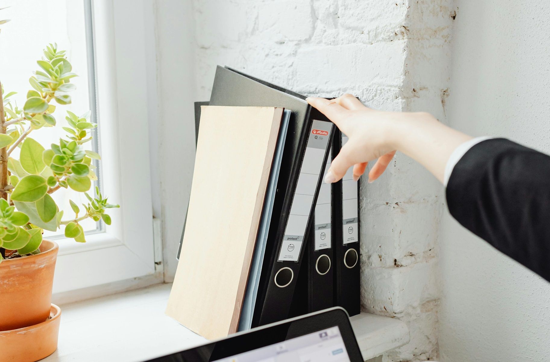 paper-ring-binders-on-window-sill-next-to-pot-plant-with-hand-reaching-for-one.