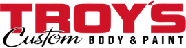 Red "TROY'S" text with "Custom BODY & PAINT" below in black, logo for a body shop.