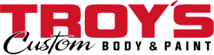 Red "TROY'S" text with "Custom BODY & PAINT" below in black, logo for a body shop.