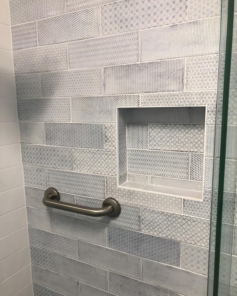 A Bathroom with A Hand Rail and A Shelf in The Shower — Bowral Bathrooms in Exeter, NSW