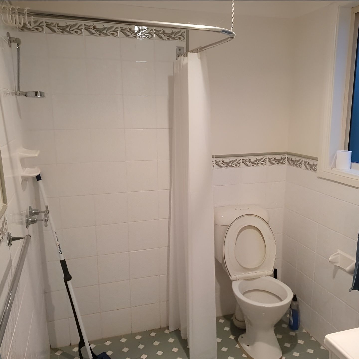 A Before Image of Bathroom with A Toilet and A Shower Curtain — Bowral Bathrooms in Exeter, NSW