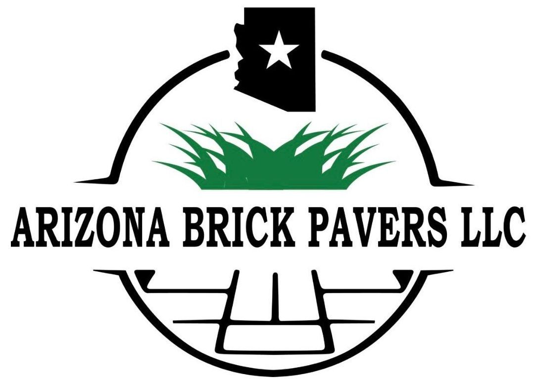The logo for arizona brick pavers llc shows a brick paver surrounded by grass.