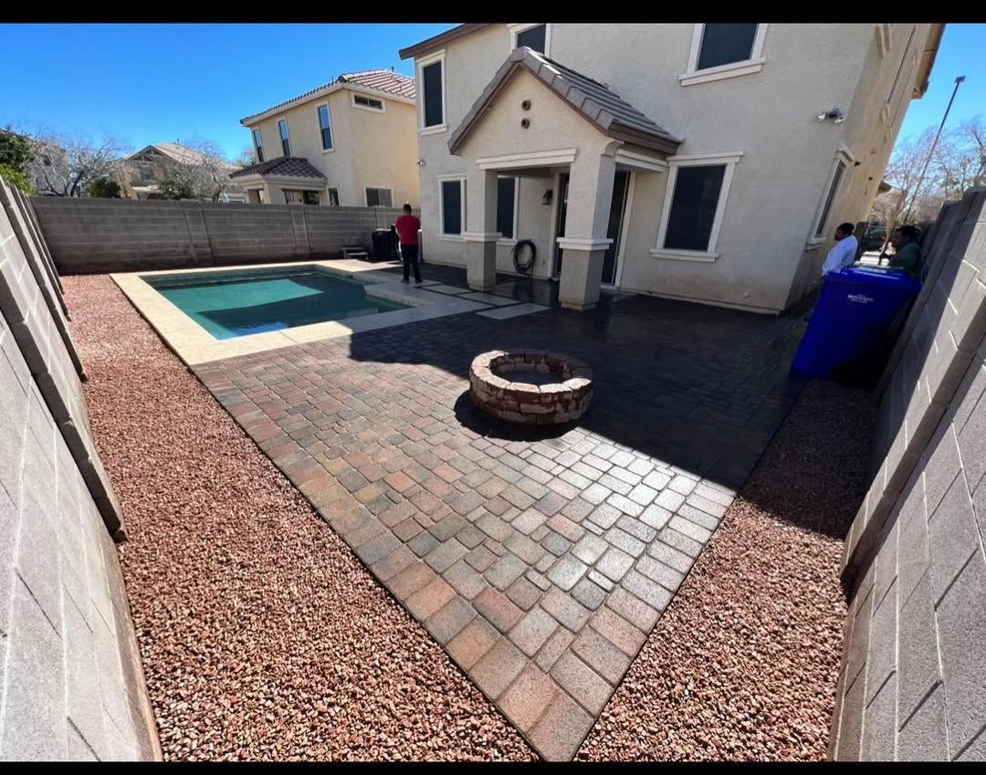 A house with a pool and a fire pit in the backyard