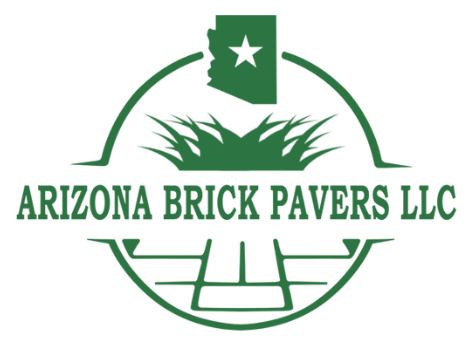 The logo for arizona brick pavers llc shows a brick paver surrounded by grass.