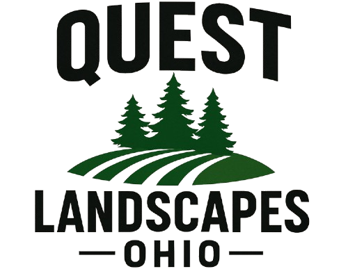 Logo for Quest Landscapes Ohio: black text above green stylized trees and fields.