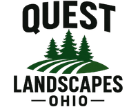 Logo for Quest Landscapes Ohio: black text above green stylized trees and fields.