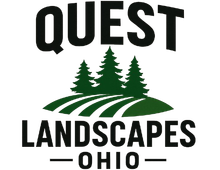 Logo for Quest Landscapes Ohio: black text above green stylized trees and fields.