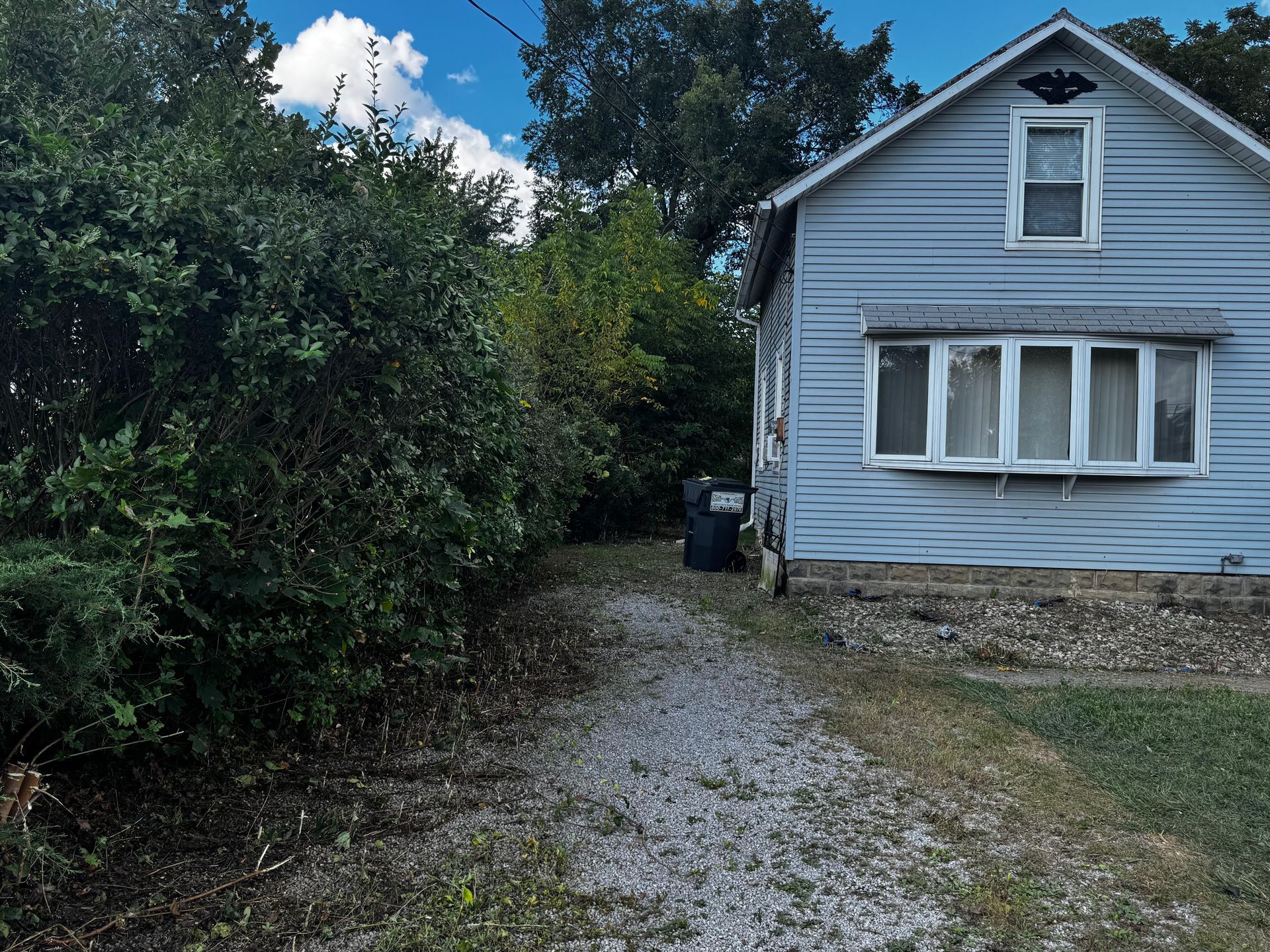 Gravel driveway beside blue house, leading to overgrown bushes. Trash can near the house. Cloudy sky.