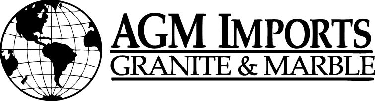 A black and white logo for agm imports granite and marble.