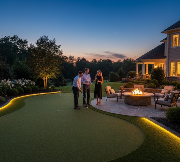 Luxury backyard artificial putting green in Raleigh integrated with stone patio and landscape lighting for year-round evening entertainment and golf practice.