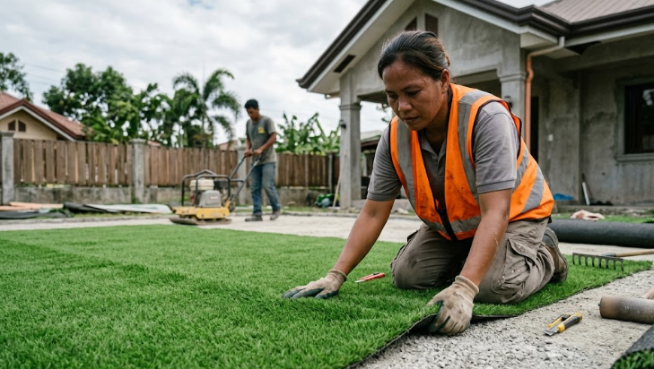 Professional installer from Artificial Turf Pros Raleigh laying down high-quality custom golf turf.