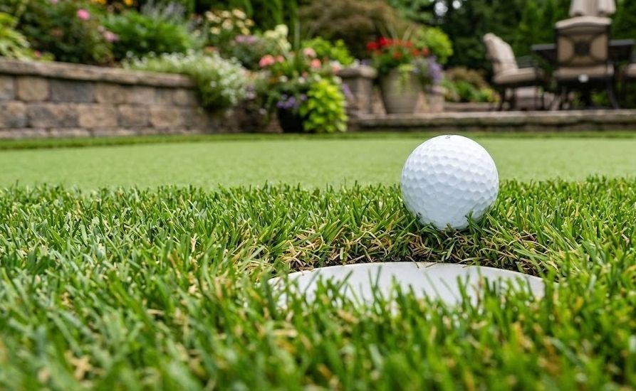 Custom backyard putting green installation using high-quality residential artificial turf.