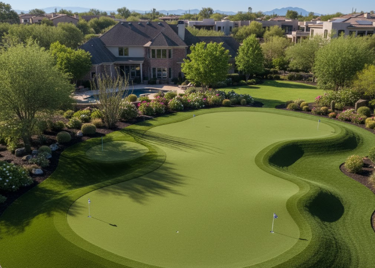 Professional custom artificial backyard putting green design showing undulation, fringe, chipping pad, and deep-layer synthetic turf drainage system in Durham NC.