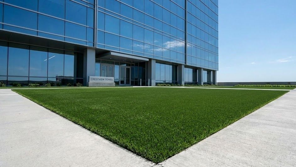 Commercial artificial grass for business landscaping in Durham providing curb appeal and low maintenance.