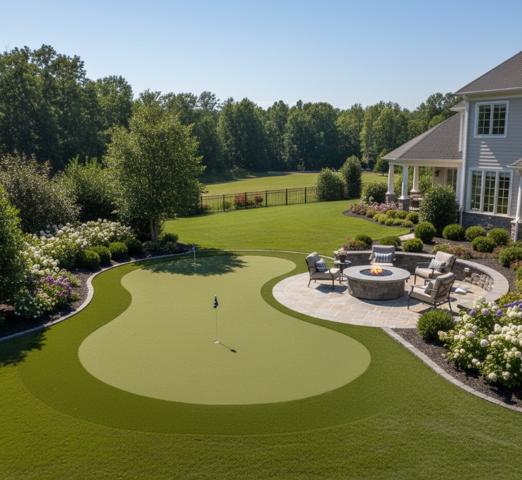 Backyard putting green Raleigh installation showcasing premium turf, integrated landscape lighting, and year-round, all-weather golf practice
