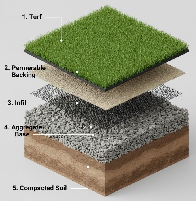 Graphic showing artificial turf layers for installation of artificial grass Apex NC