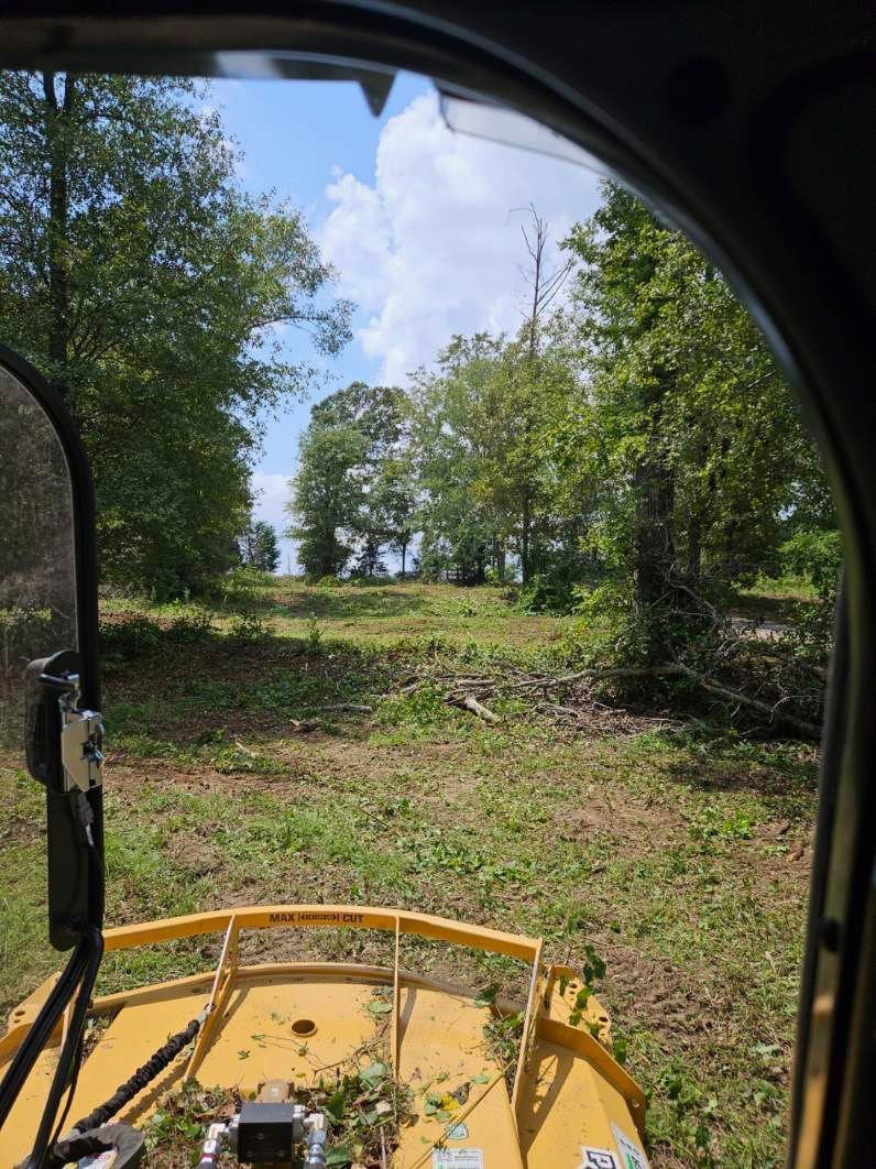 A tractor is cutting grass in a field with trees in the background.