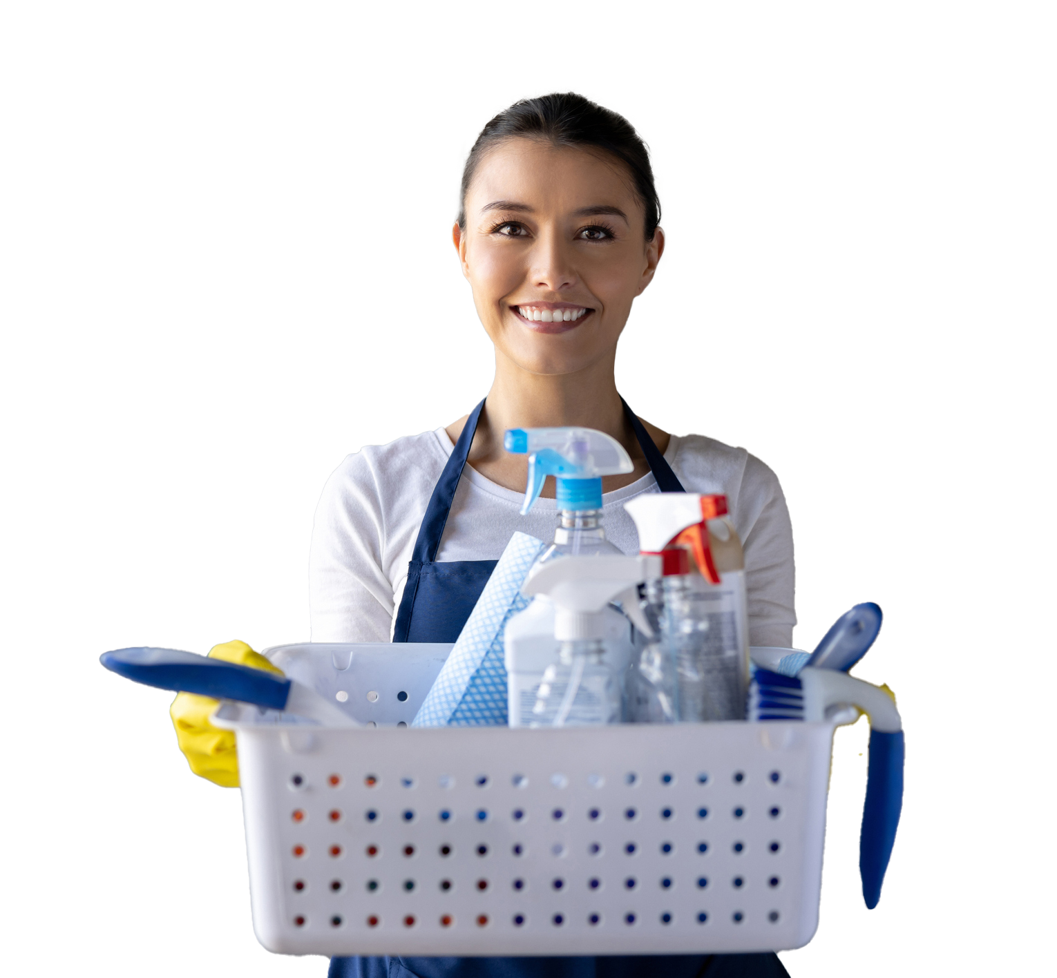 A woman is holding a basket full of cleaning supplies.