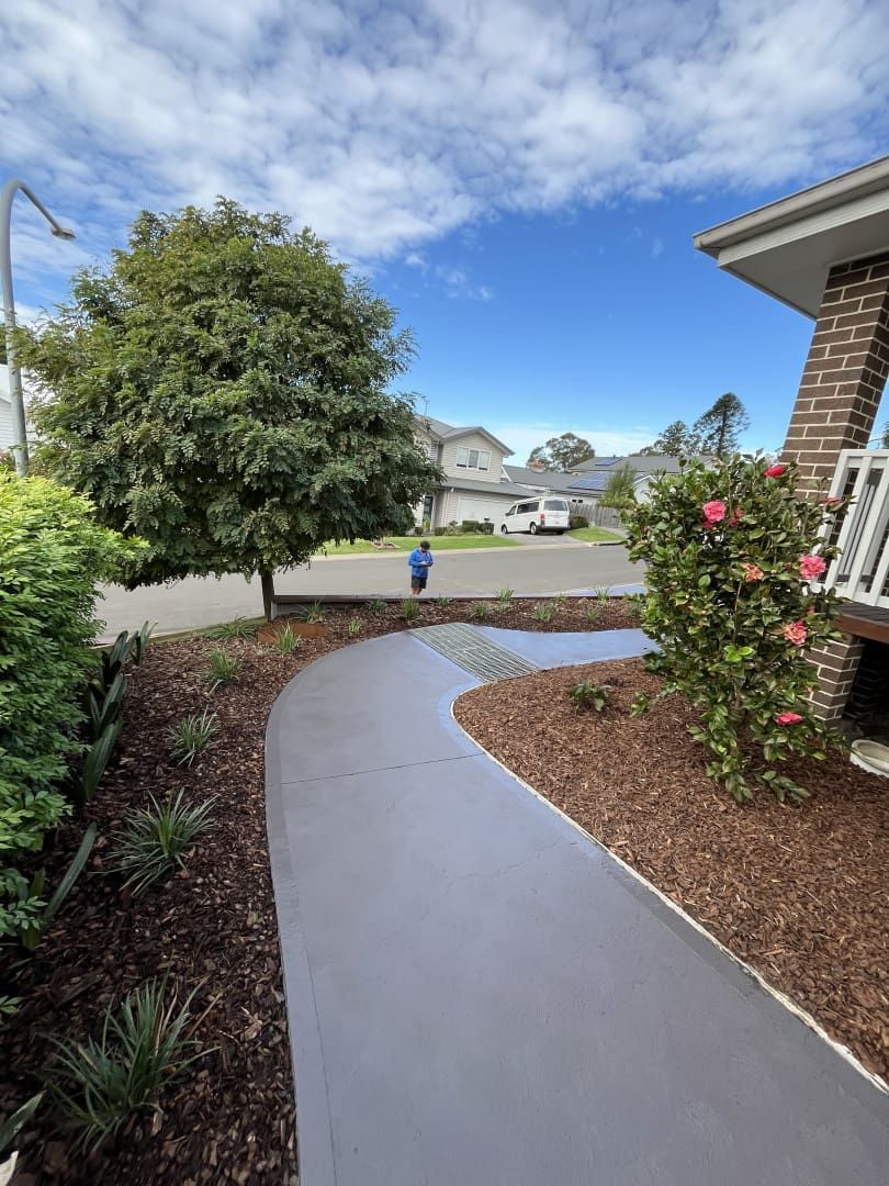 A Gray Paved Walkway Winds Through a Landscaped Front Yard With a Tree — CAW Services in Badagarang, NSW