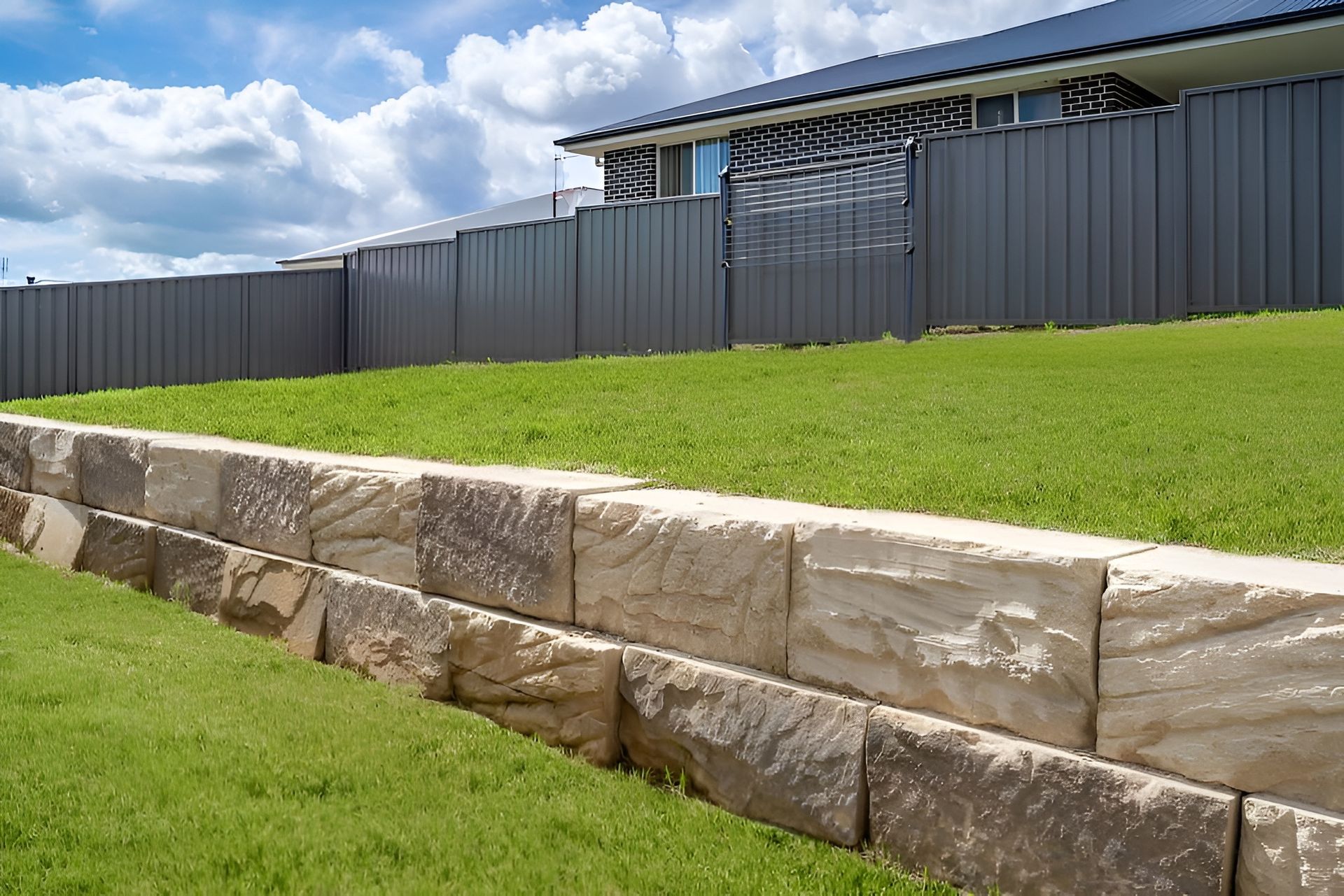 Stone Retaining Wall With Green Grass and Grey Fence Under a Cloudy Sky — CAW Services in Badagarang, NSW