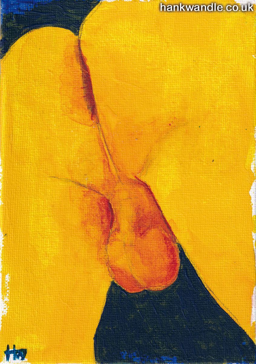 a painting of a male bottom, with scrotum visible, in yellow on a dark blue background