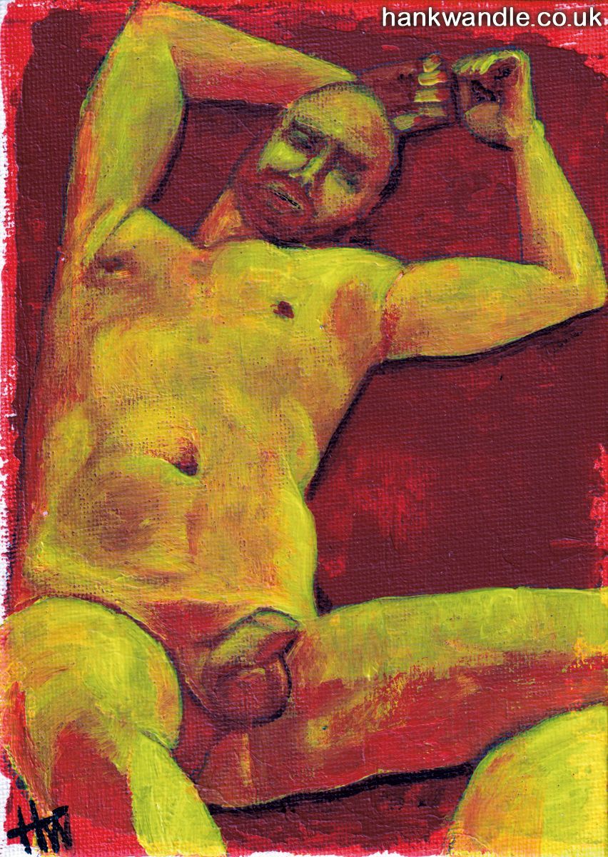 a painting of a reclining naked man, his knees are bent and his arms are above his head, he is rendered in yellow and orange tones on a red background
