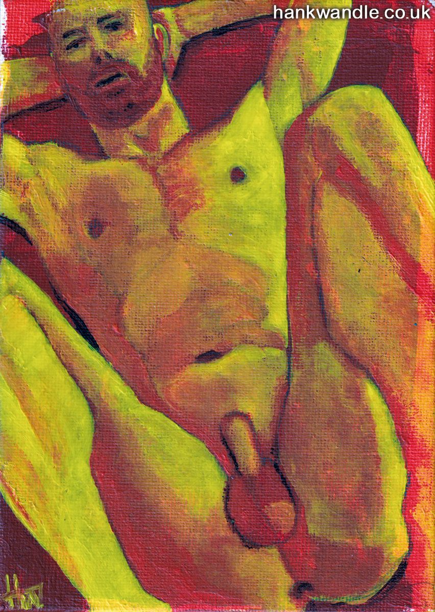a painting of a reclining naked man, his knees are bent and his arms are above his head, he is rendered in yellow and orange tones on a red background