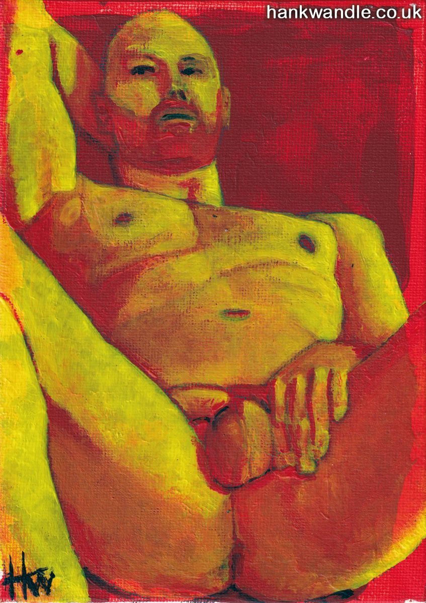 a painting of a reclining naked man, his knees are bent and his arms are above his head, he is rendered in yellow and orange tones on a red background