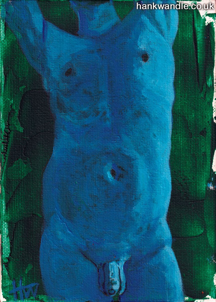 a painting in blue tones of a man's torso, cropped at the top of the thigh to the neck, painted on a dark green background
