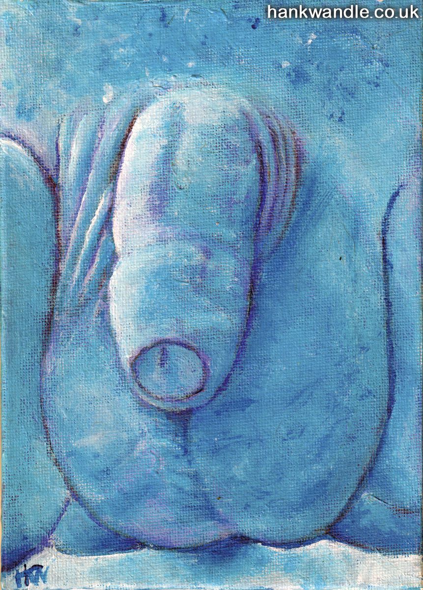 a painting of a flaccid penis and balls in light blue tones