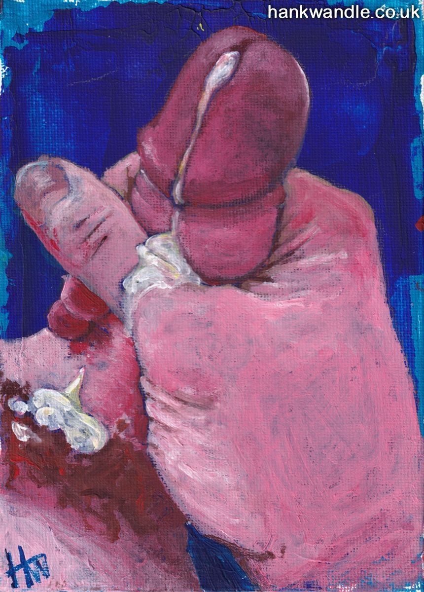 a painting of a penis being gripped in hand, the foreskin retracted, and semen coming out over the glans, thumb and penis shaft