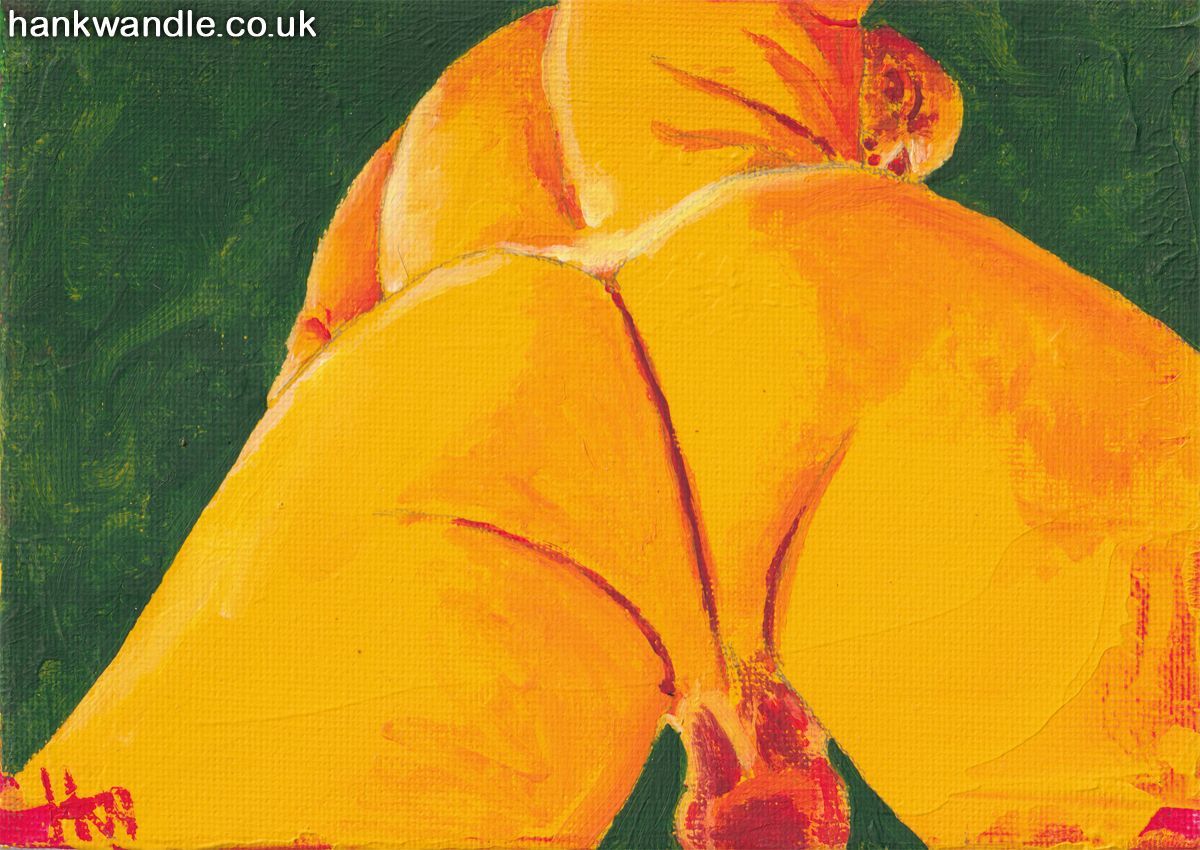 a painting of a naked man, standing in front of and over the viewer, his bottom fills the frame and he looks down over his hip at the viewer