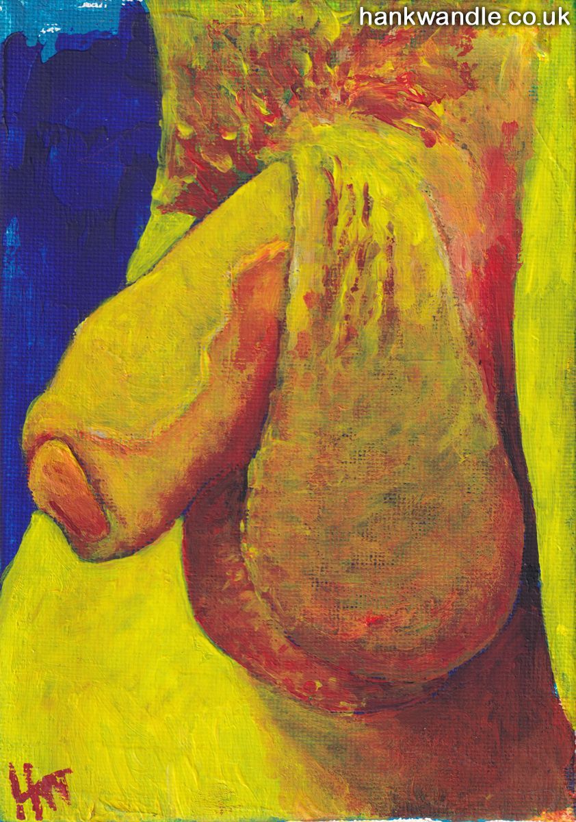 a very vibrant red and yellow flaccid penis with fiery pubic hair on a deep blue background