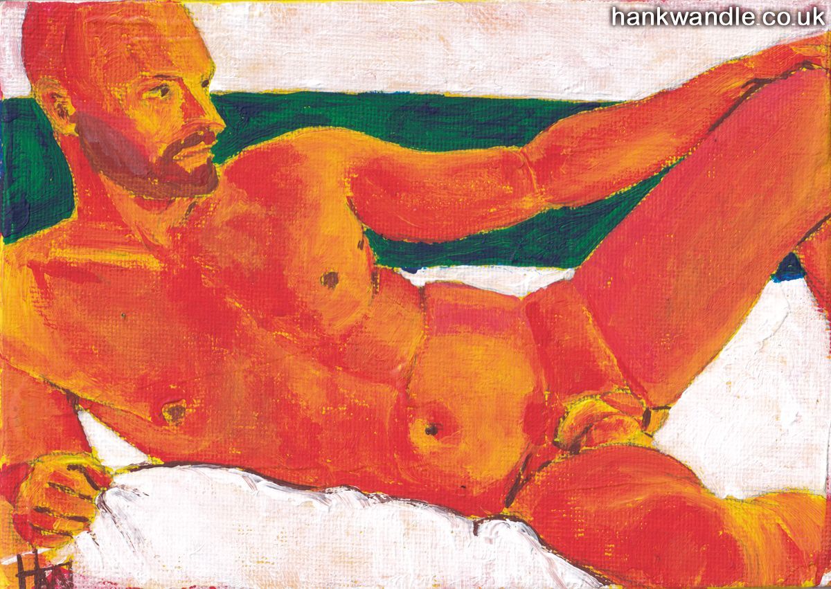 a reclining male figure, painted in red tones lying on a white bed