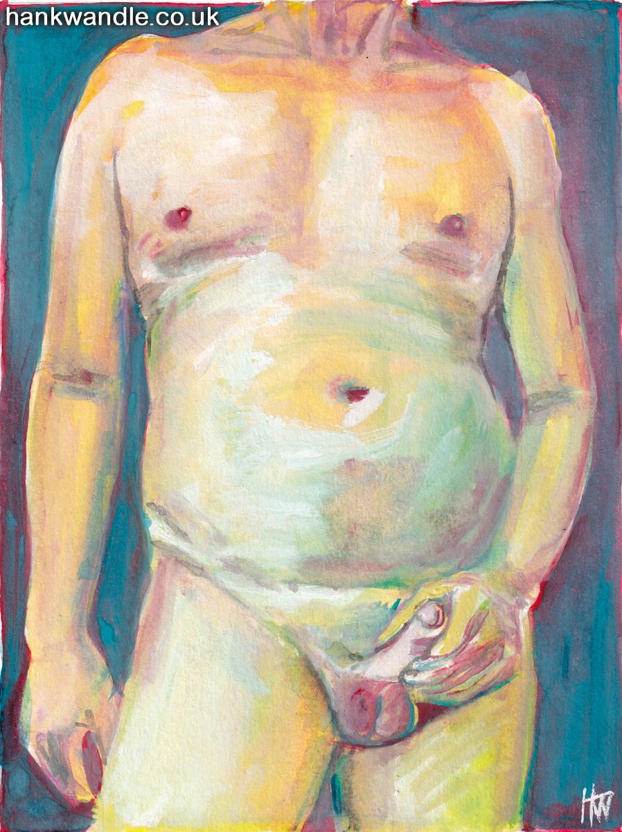 a painting of a man's torso, cropped mid-thigh to neck, he hold his penis in one hand