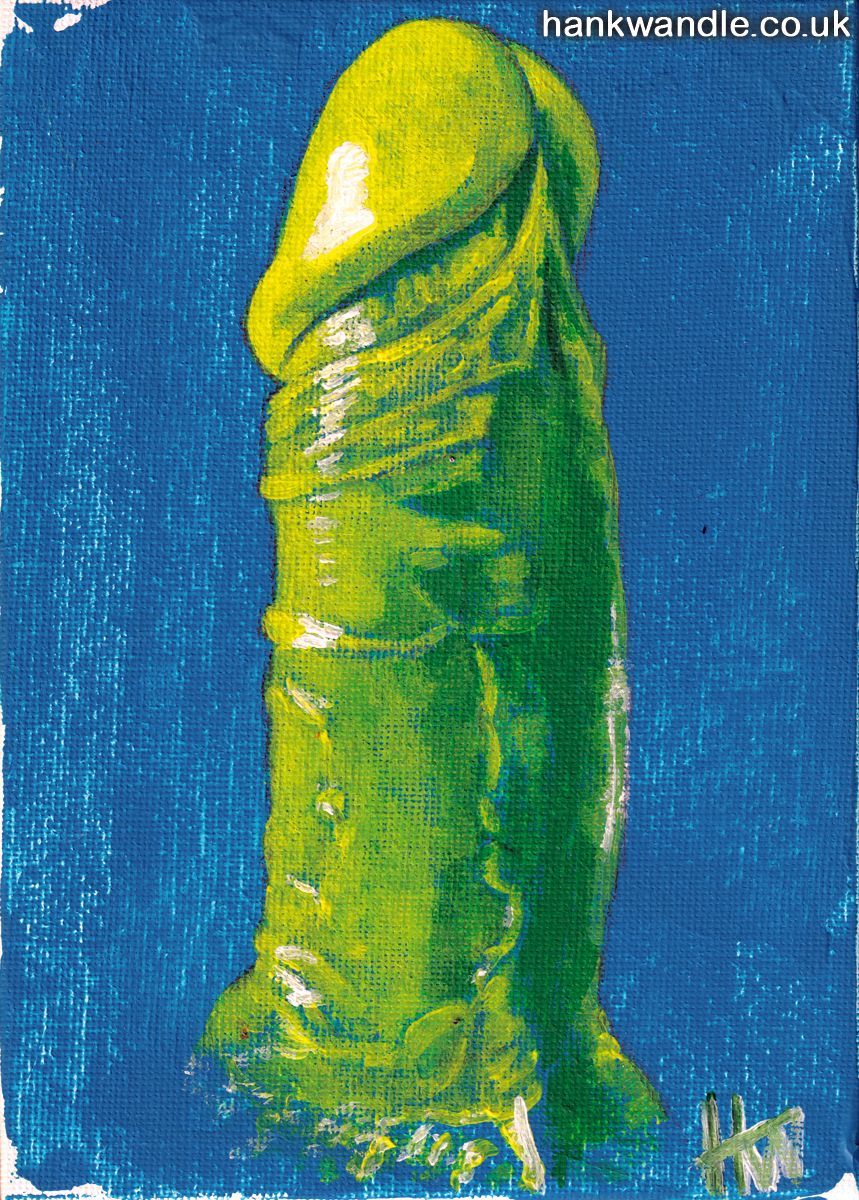 a green erect penis on a blue backround