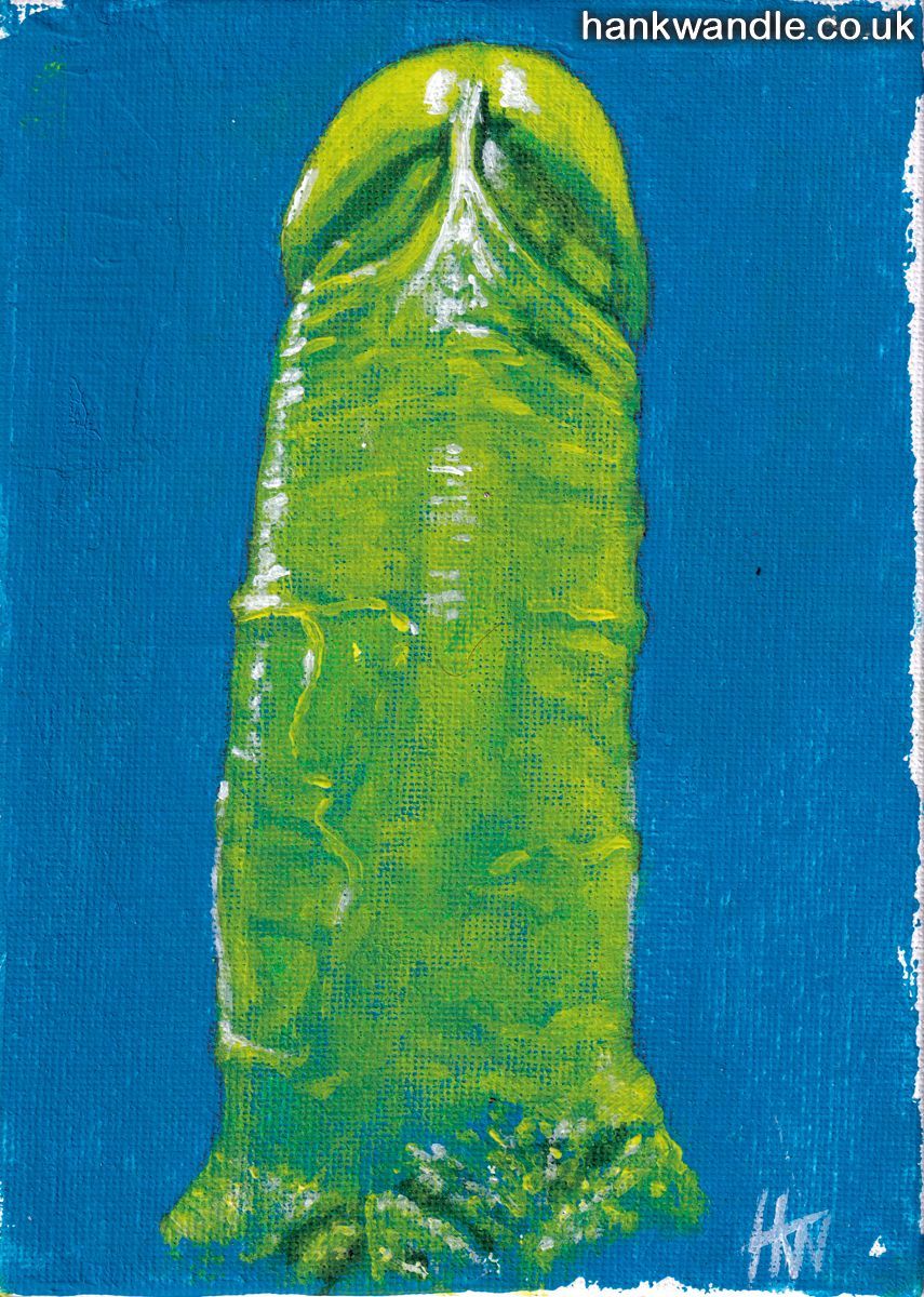 a green erect penis on a blue backround