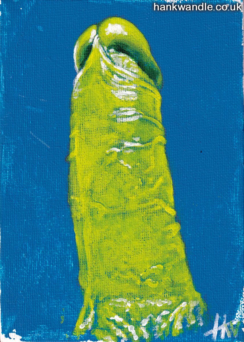 a green erect penis on a blue backround